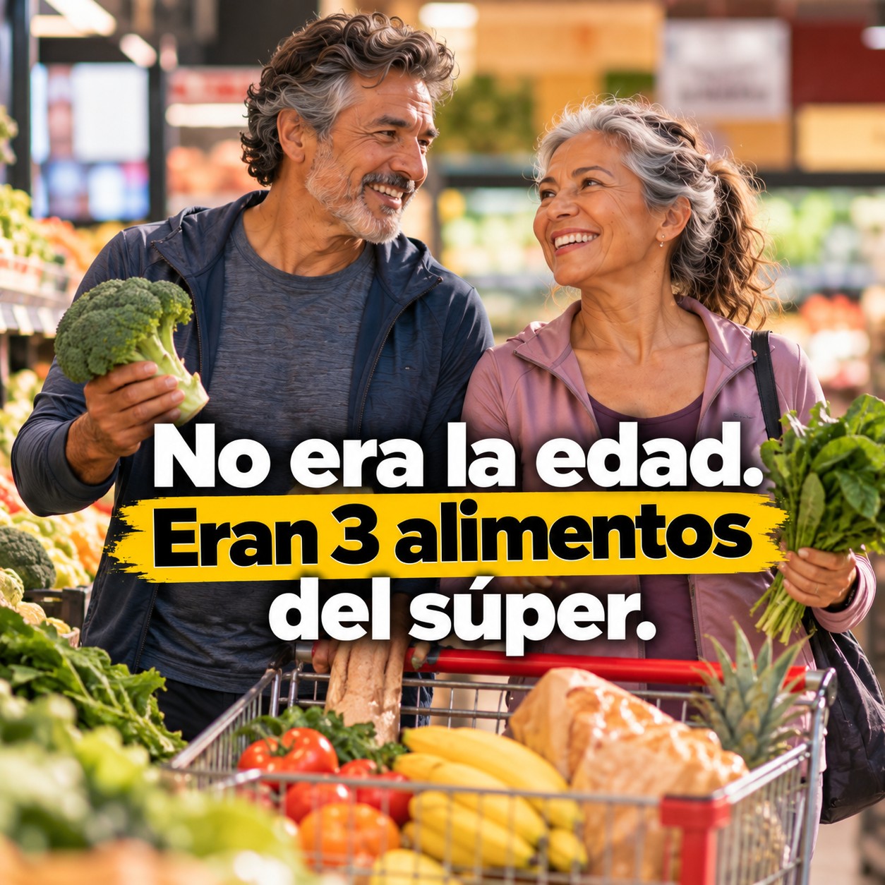 Pareja mexicana feliz eligiendo alimentos frescos y funcionales en el supermercado