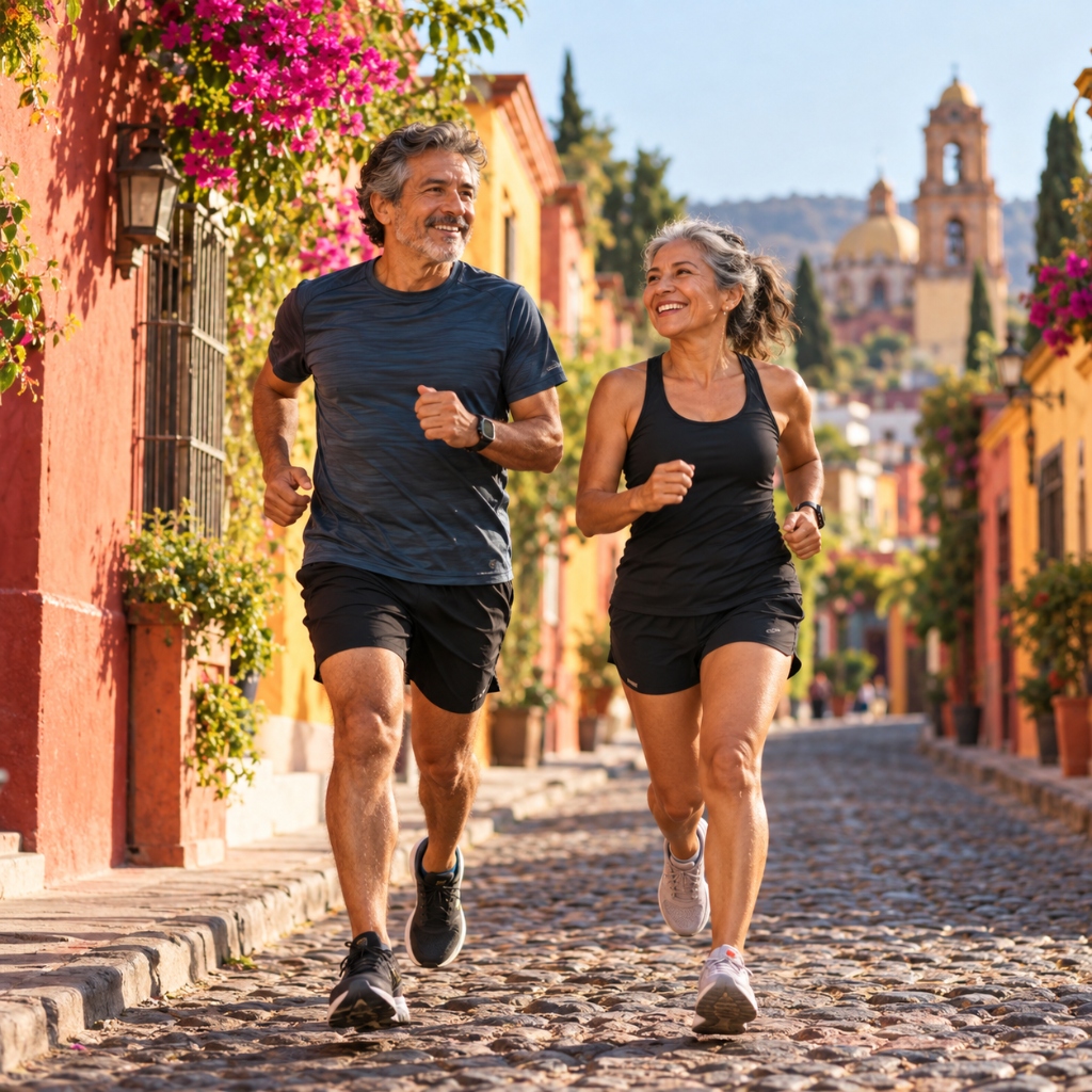Pareja mexicana madura activa corriendo con vitalidad por una calle tradicional de México